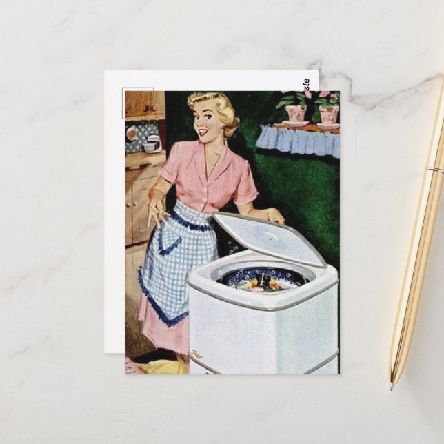 cute retro vintage laundry lady postcard (Front/Back In Situ)