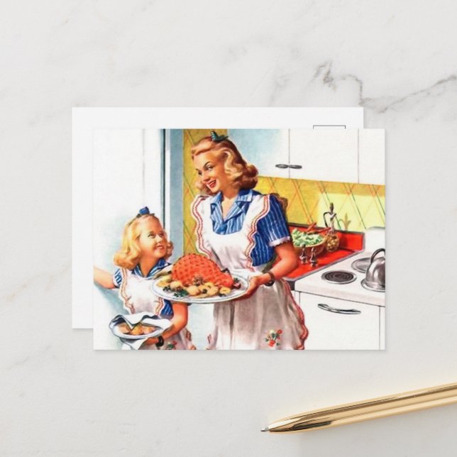 cute retro vintage Mom Daughter kitchen  Postcard (Front/Back In Situ)