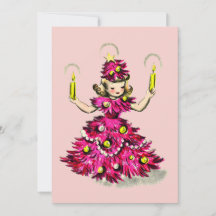 Cute Retro Vintage Pink Christmas Tree Girl 
