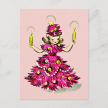 Cute Retro Vintage Pink Christmas Tree Girl 