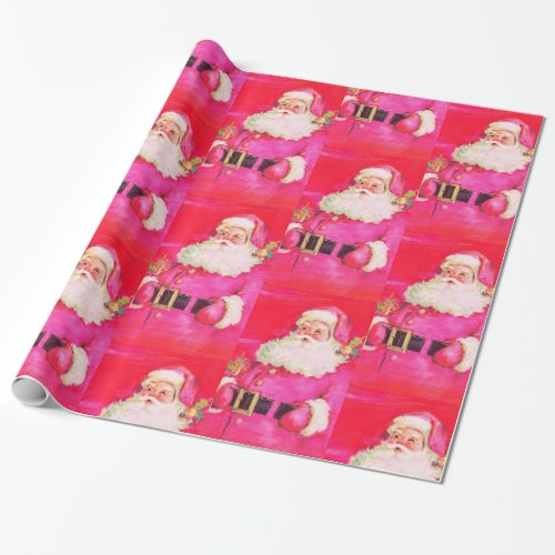 Cute Retro Vintage Pink Santa Claus Christmas Wrapping Paper