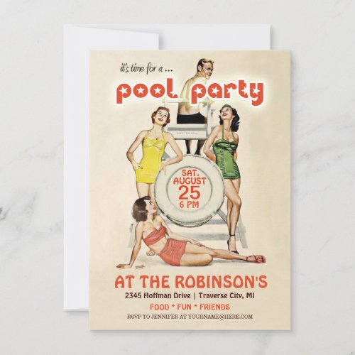 Cute Retro Vintage Pool Party Invitation