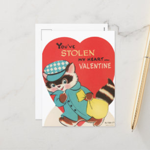 Cute retro vintage raccoon stolen heart Valentine Holiday Postcard