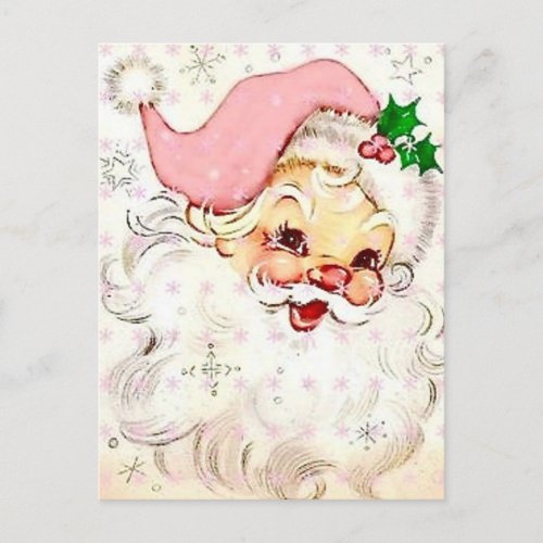 Cute Retro Vintage Santa Claus With Pink Hat Holiday Postcard
