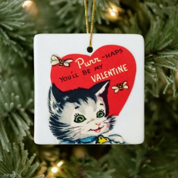 Cute Retro Vintage Valentine Cat Tree Ceramic Ornament by doodlesfunornaments at Zazzle