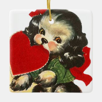 Cute Retro Vintage Valentine Dog Add Sentiment Ceramic Ornament by doodlesfunornaments at Zazzle