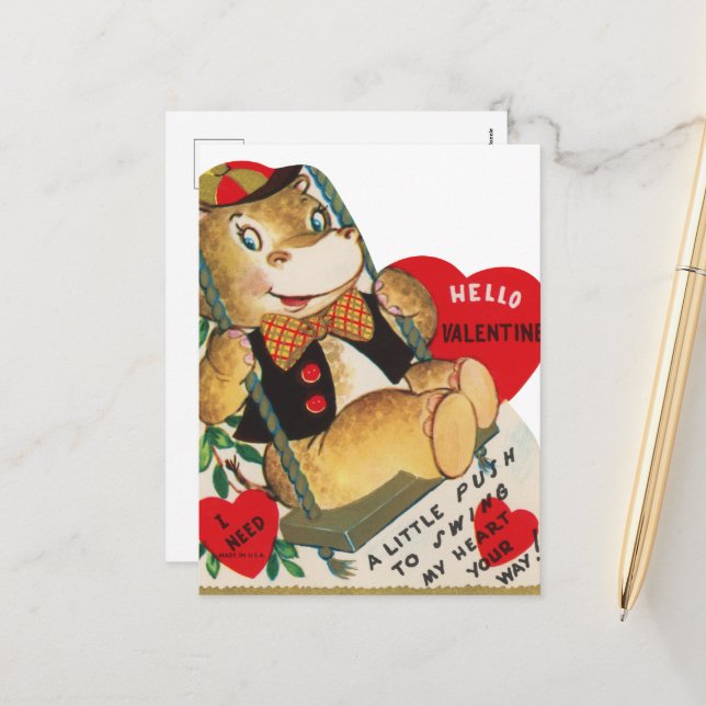 cute retro vintage Valentine hippo Holiday Postcard (Front/Back In Situ)