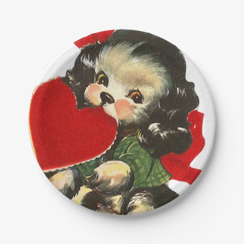 Cute retro vintage Valentine puppy party Paper Plates