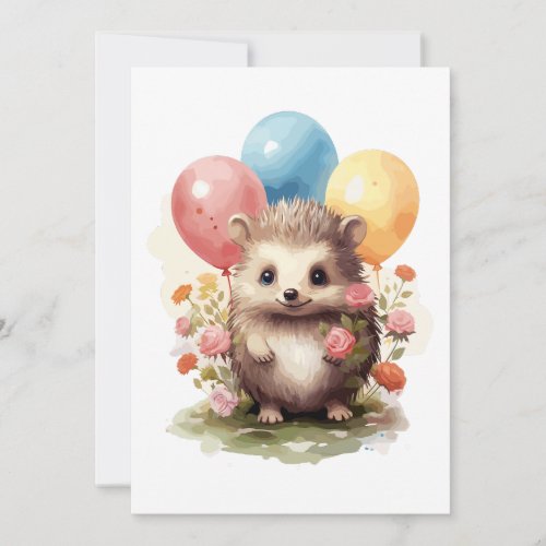 Cute Retro Watercolor Hedgehog with Balloons Invitation