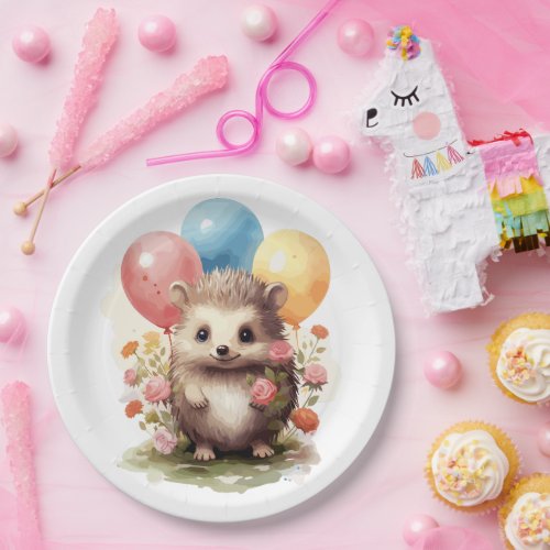 Cute Retro Watercolor Hedgehog with Balloons Paper Plates