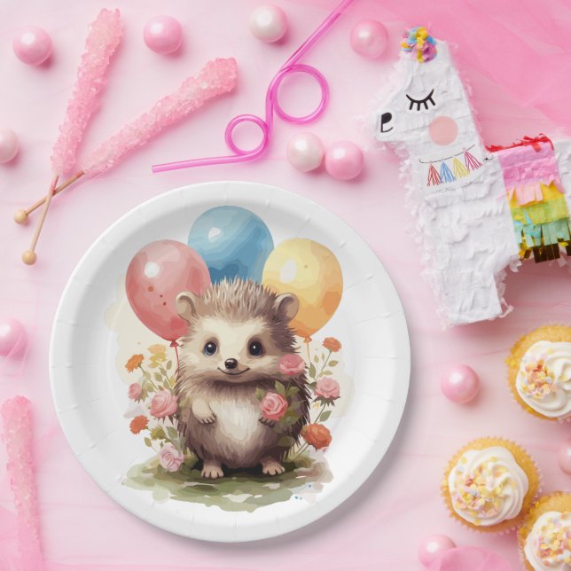 Cute Retro Watercolor Hedgehog with Balloons Paper Plates (Party)