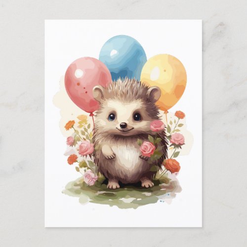 Cute Retro Watercolor Hedgehog with Balloons Postcard