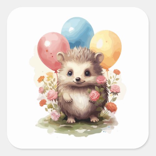 Cute Retro Watercolor Hedgehog with Balloons Square Sticker