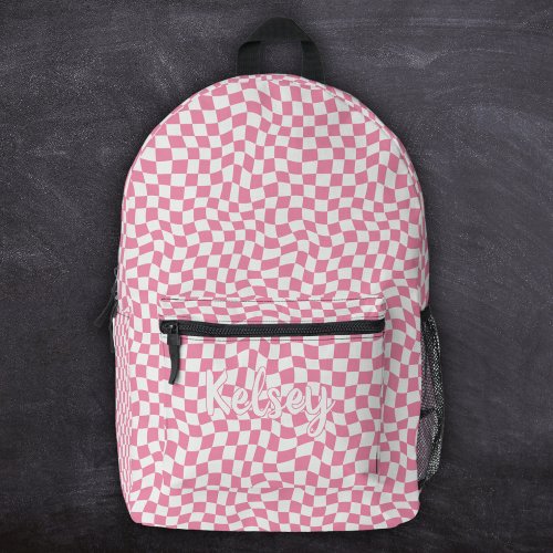 Cute Retro Wavy Check Pink Monogram Name Printed Backpack