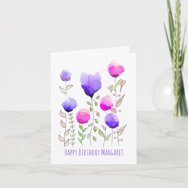 Cute Retro Wildflowers Boho Personalized Birthday Card (Front)