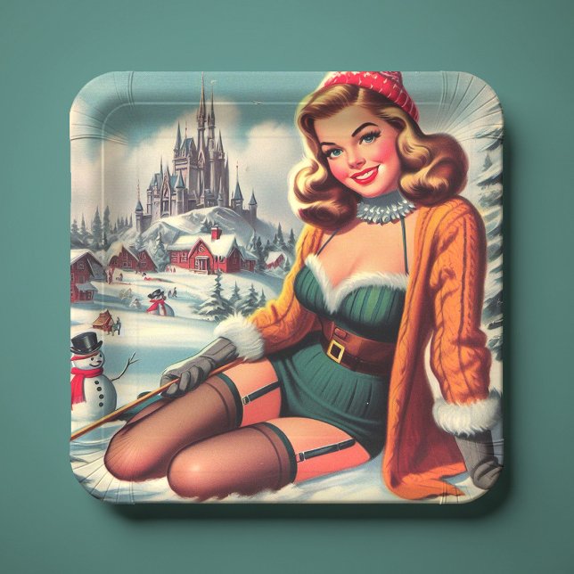 Cute Retro Winter Pin-up Paper Plates (Creator Uploaded)