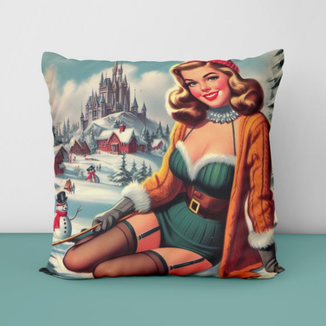 Cute Retro Winter Pin-up Throw Pillow (Creator Uploaded)