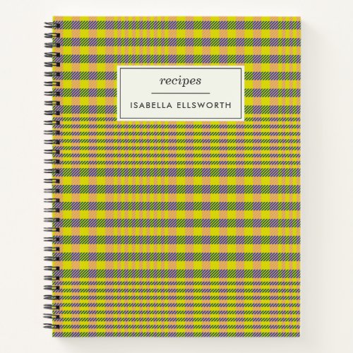 Cute Retro Yellow Glen Plaid Personalized Recipe Notebook
