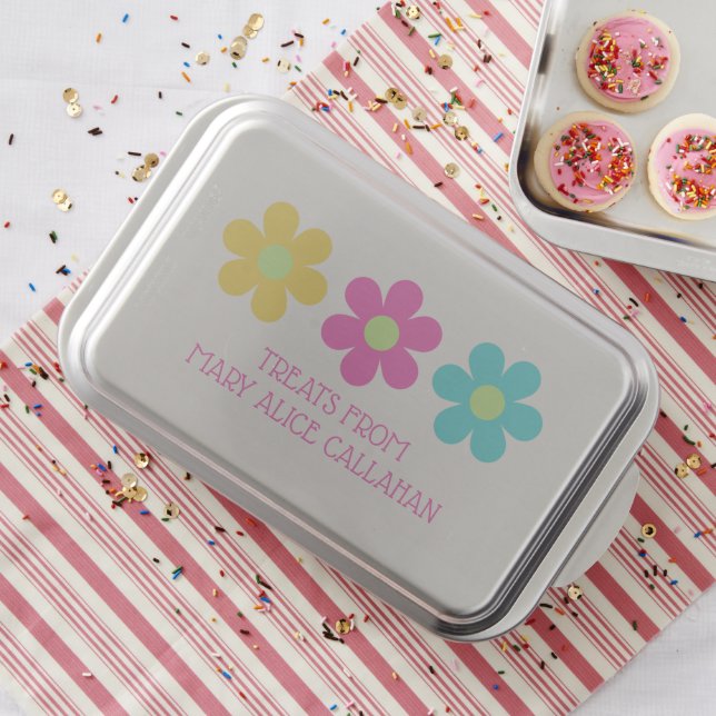 Cute Retro Yellow Pink Blue Daisies Cake Pan (In Situ)