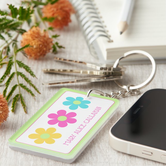 Cute Retro Yellow Pink Blue Daisies Keychain (Front Right)