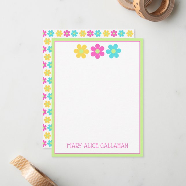 Cute Retro Yellow Pink Blue Daisies Note Card (Front/Back In Situ)