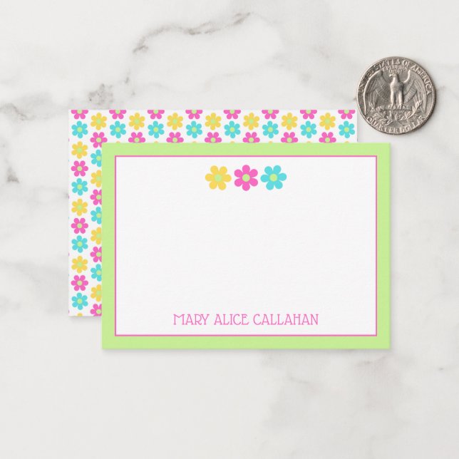 Cute Retro Yellow Pink Blue Daisies Note Card (Front/Back In Situ)