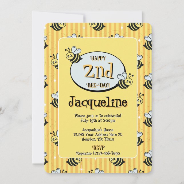 Cute Retro Yellow Striped Bumblebee Birthday Invitation (Front)