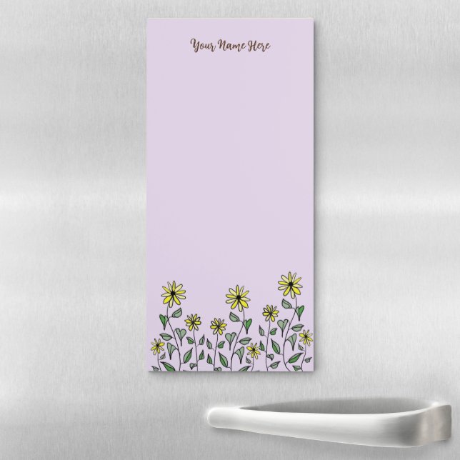 Cute Retro Yellow Wildflowers Lavender Floral Magnetic Notepad (In Situ)