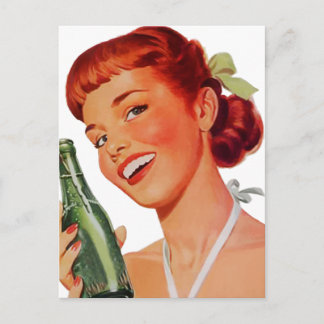 Cute Retro Young Woman with Pop Bottle Postcard