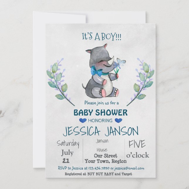 CUTE RHINO BOY BABY SHOWER INVITATION (Front)
