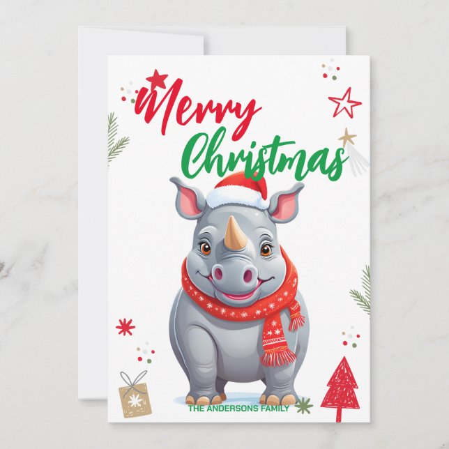 Cute rhino Christmas tree Holiday Personalize name Card (Front)