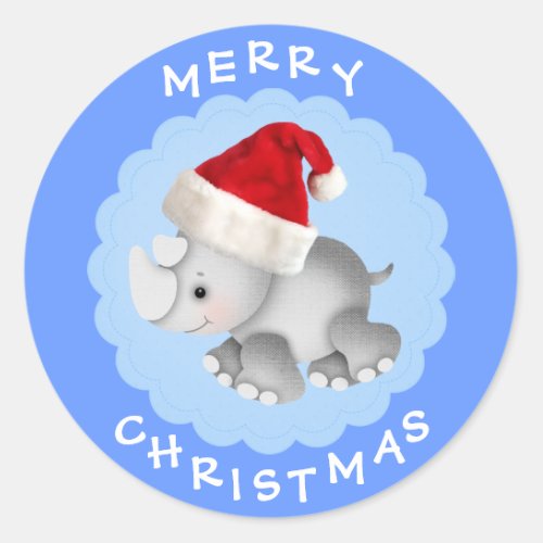 Cute Rhino in Santa Hat Blue Christmas Stickers