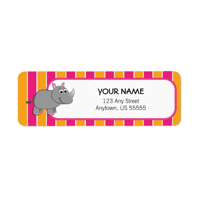 Cute Rhino on Pink and Orange Stripes Label (Front)