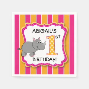 Cute Rhino Pink & Orange Girl's First Birthday Paper Napkins