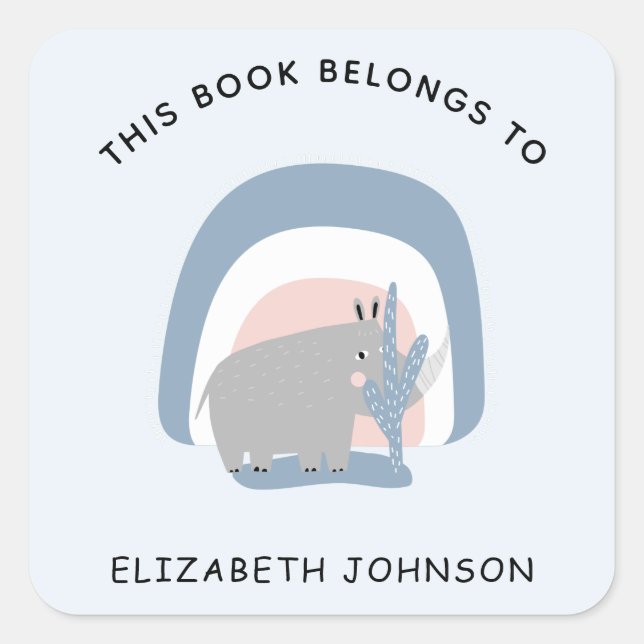Cute Rhino Rainbow Illustration Kid Name Bookplate (Front)