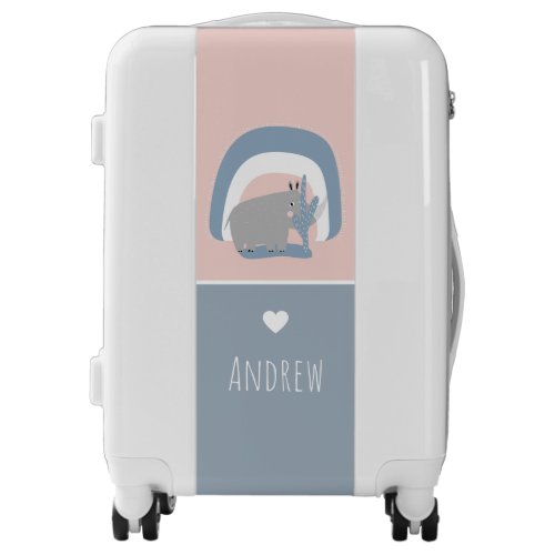 Cute Rhino Rainbow Pastel Pink Blue Kids Boys Name Luggage