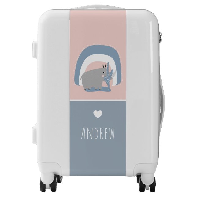 Cute Rhino Rainbow Pastel Pink Blue Kids Boys Name Luggage (Front)