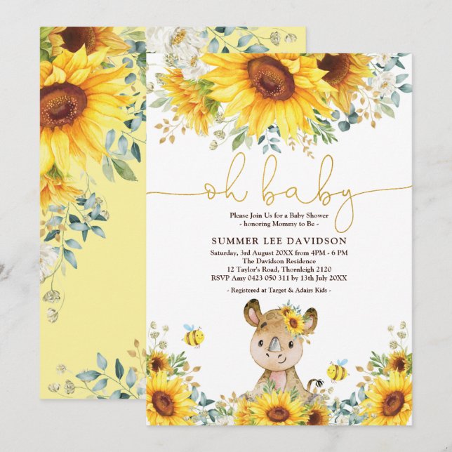 Cute Rhino Sunflower Honey Bee Baby Shower Invitation (Front/Back)