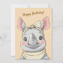 Cute Rhino with Bandana Kids Birthday Invitation