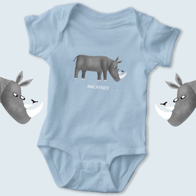 Cute Rhinoceros Animal Lover Custom Name Baby Bodysuit (Cute rhino personalized baby name bodysuit)