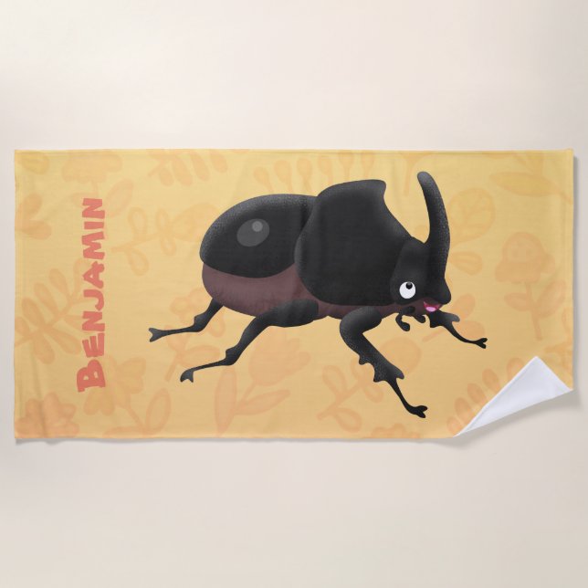 Cute rhinoceros beetle cartoon illustration beach towel (Front)