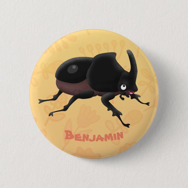 Cute rhinoceros beetle cartoon illustration button (Front)