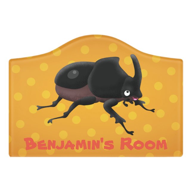 Cute rhinoceros beetle cartoon illustration door sign (Small Crest Front)