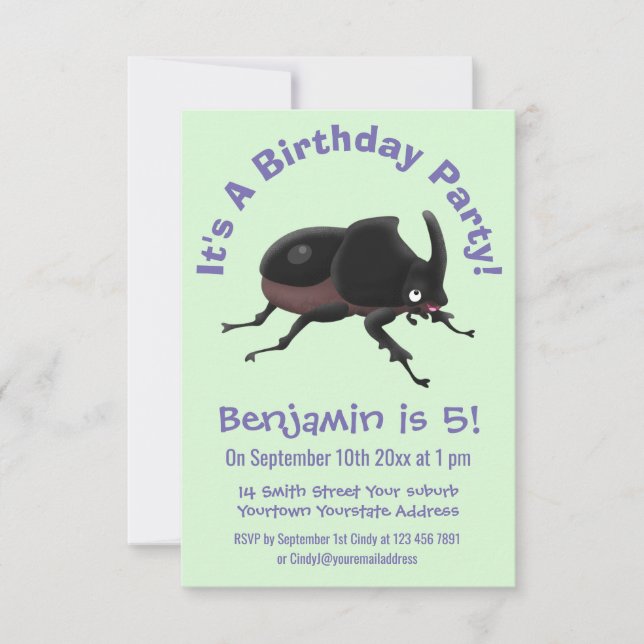 Cute rhinoceros beetle cartoon illustration invitation (Front)