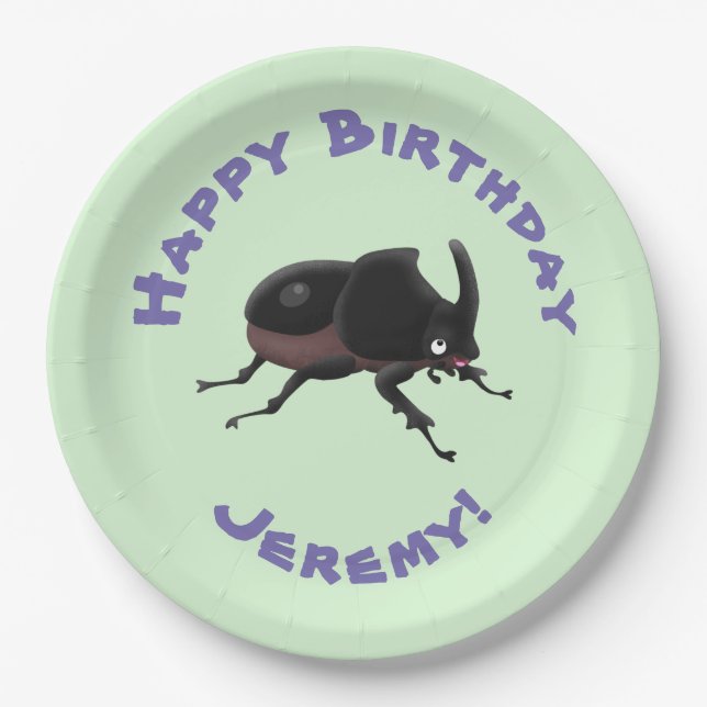 Cute rhinoceros beetle cartoon illustration paper plates (Front)