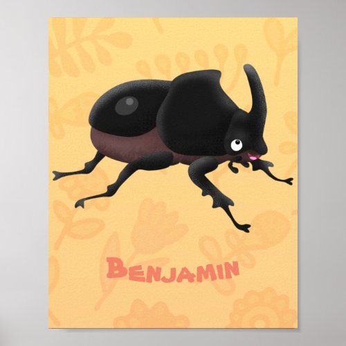 Cute rhinoceros beetle cartoon illustration poster