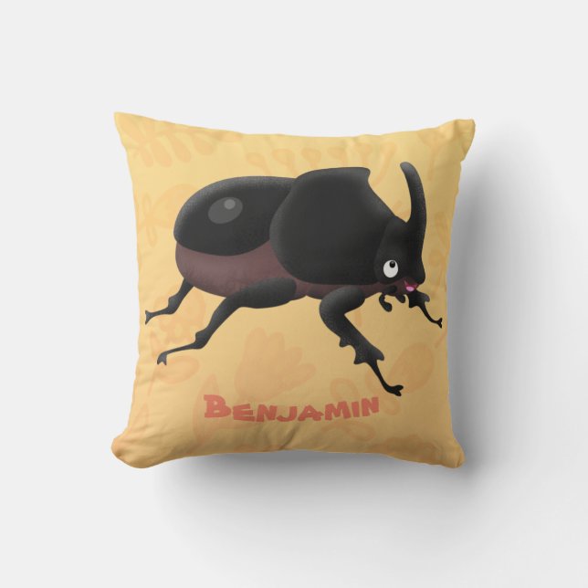 Cute rhinoceros beetle cartoon illustration throw pillow (Front)
