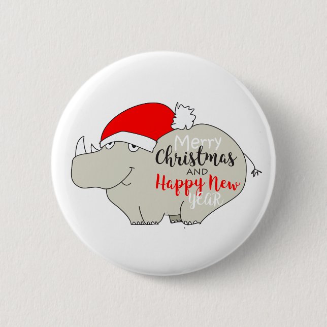 Cute Rhinoceros Cartoon Funny  Merry Christmas Button (Front)