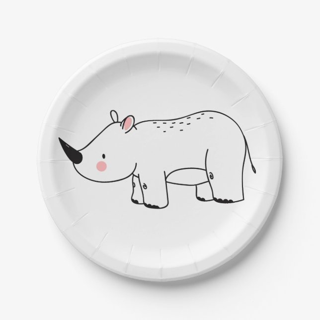 Cute Rhinoceros Jungle Safari Animal Baby Birthday Paper Plates (Front)