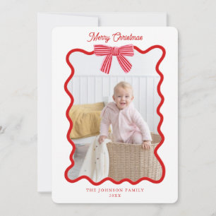 Cute Ribbon and Red bow Christmas Photo Holiday Card